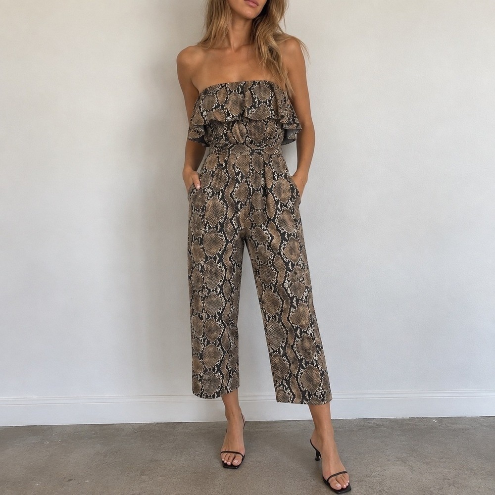 Babaton Altamira Brown Snakeskin Off Shoulder Wide Leg Jumpsuit Size 8 Mob Wife